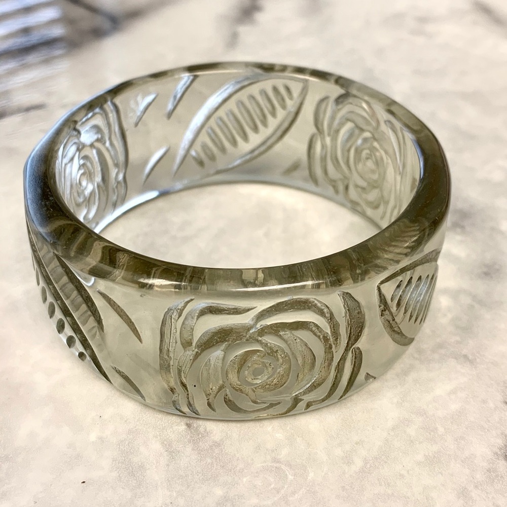 Vintage Plastic Clear Lucite Rose Carved Bangle Bracelet